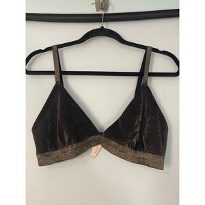 Calsie Women's Black Metallic Gold Trim Bralette Triangle Bra Top Size M